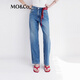 MO&Co.中高腰直筒洗水藍色牛仔褲美式復古闊腿牛仔褲摩安珂 牛仔藍色-第2批 M 27