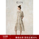 EIN國畫(huà)百花集 EIN言藝術(shù)感美拉藍線(xiàn)描印花抽褶法式連衣裙春新款 淺杏 S