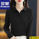 羅蒙（ROMON）春秋寬松polo領(lǐng)上衣女純棉春秋顯瘦T恤衫復古韓版長(cháng)袖翻領(lǐng)體恤衫 黑色 XL 建議100-120斤