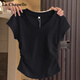 拉夏貝爾2026新款V領(lǐng)正肩夏掐腰褶皺顯瘦設計感短袖T恤女上衣 黑色 L