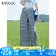 lagogo經(jīng)典格子休閑褲女拉谷谷2025年夏季新款編織腰帶直筒闊腿褲 混色 M