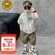 G.DUCKKIDS童裝男童套裝夏季新款兒童衣服夏天中小童條紋襯衫短袖夏裝服裝 軍綠色襯衫三件套 140 【建議7-10歲】