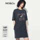 MO&Co.連衣裙2025夏新品洗褪棉質(zhì)斑駁印花磨邊短袖寬松T恤裙MBE2DRS036 礦灰色 M 165