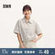 森馬（Semir）中袖襯衫女短款條紋寬松慵懶風(fēng)夏翻邊袖抽繩仿麻襯衣101324119007
