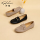 沙馳女鞋舒適懶人豆豆鞋2025年一腳蹬休閑平底鞋小皮鞋女M607103B