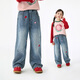 茵曼（INMAN）童裝女童牛仔褲草莓刺繡春秋季中大童寬松休閑褲女孩褲子 牛仔藍 140
