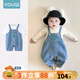 優(yōu)奇嬰兒牛仔背帶褲套裝秋裝2025新款男女寶寶t恤褲子春秋洋氣兩件套 牛仔背帶褲+白色上衣 80cm
