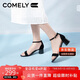 康莉（COMELY）一字帶涼鞋女粗跟25年夏季羊皮中跟時(shí)尚百搭通勤時(shí)裝涼鞋 黑色 36