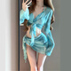 渝鼎福比基尼分體泳衣女四件套2025夏季度假海邊泡溫泉性感泳衣 藍綠色均碼 （120以?xún)龋? title=