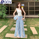 DGOV設(shè)計感蕾絲拼接小香風格子闊腿褲夏季新款高腰寬松顯瘦休閑長褲女 藍色格子 S 建議80-90斤