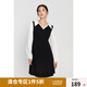 獨束大碼女裝撞色假兩件V領(lǐng)連衣裙2024年秋季新款高腰顯瘦A字裙 月夜黑 XL (尺碼：3)