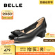 百麗（Belle）氣質(zhì)方跟淺口單鞋女2025秋新商場同款牛皮通勤單鞋E1A1DCQ5 黑色 38