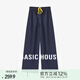 Basic House/百家好亞麻高腰抽繩闊腿褲夏季小個(gè)子寬松垂墜休閑褲 藏青色 L
