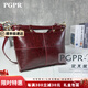 PGPR真皮輕奢復古女包大容量單肩斜挎包新款歐美鉚釘感百搭托特包 酒紅色