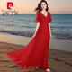 皮爾卡丹2026新款紅色大擺裙氣質(zhì)連衣裙夏季拍照雪紡長(cháng)款度假顯瘦沙灘長(cháng)裙 紅色 4XL 建議145-158斤