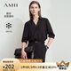 AMII2025夏新款通勤翻領(lǐng)V領(lǐng)拼蕾絲涼感雪紡衫女五分袖寬松12522076 黑色 L