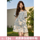 謎秀藍(lán)色碎花度假風(fēng)連衣裙2025春季新款法式小個子顯瘦減齡度假短裙 杏色 M