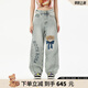 LALABOBO[李浩菲同款]純棉牛仔褲女2025新款寬松顯瘦拼接闊腿褲RBEA-ZC15 淺藍白 常規(guī) 27