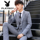 花花公子（PLAYBOY）格子男士休閑西服套裝修身韓版結(jié)婚小西裝外套商務(wù)正裝 灰藍【單件上衣】+領(lǐng)帶 2XL