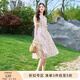 香影（xiangying）碎花連衣裙女2025夏裝新款抽褶高腰泡泡袖v領(lǐng)茶歇紫色雪紡裙 紫色 S