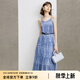 顏域碎花V領吊帶裙女士2024新款秋裝藍色內(nèi)搭裙子時尚氣質(zhì)連衣裙 藍花 M/38