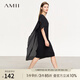 AMII2025夏新款撞料拼雪紡不規(guī)則搭片連衣裙女小黑裙直筒裙子12342599 黑色 165/88A/L
