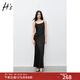 H's緞面極簡(jiǎn)吊帶長(zhǎng)裙夏季新品女裝修身氣質(zhì)高級(jí)一字領(lǐng)連衣長(zhǎng)裙子 黑色 S