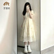 夢清琦夏季女連衣裙外穿時尚新款氣質(zhì)夏季裙子寬松大碼中長款碎花連衣裙 杏色連衣裙【印花】 M 【建議90-110斤】