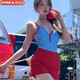 樂淇萊泳衣女士連體衣網(wǎng)紅新款可外穿兩件套泡溫泉海邊沙灘玩水性感泳裝 藍(lán)格子+紅裙兩件套 均碼 80-120斤