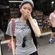 斤慕字母印花圓領(lǐng)短袖t恤女2025新款女裝修身顯瘦百搭上衣正肩短袖t恤 灰色 M 建議100-110斤