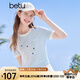 百圖betu女裝2025夏季新款毛針織衫撞色領(lǐng)字母印花短袖上衣女2505X26 淺蘭 L