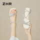 ZHR涼鞋女夏季透明水晶粗跟一字帶鞋子蝴蝶結(jié)露趾水鉆女鞋KH30米色36