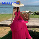 MISS YINER法式復古氛圍感超仙海邊度假性感抹胸掛脖吊帶套裝裙大擺飄逸長裙 玫紅色8168 L