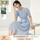 香影藍(lán)色天絲連衣裙女2025夏季新款萊賽爾收腰系帶圓領(lǐng)泡泡袖裙子 藍(lán)色 L 165/88A/110-125斤