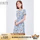 FINITY夏季新款印花美式休閑連衣裙女中長(zhǎng)款大擺a字裙子女 藍(lán)底印花 S