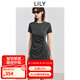 LILY2025夏新款格雷系極簡風不對稱褶皺收腰休閑短袖T恤連衣裙女 501灰色 S