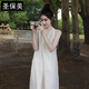 圣保美法式V領(lǐng)度假風(fēng)連衣裙女2025夏季新款吊帶A字長(zhǎng)裙掛脖式海邊沙灘裙 【白杏色】 M 碼