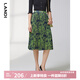 LANDI藝術(shù)印花碎花半身裙女春季新款高腰百褶裙半裙 綠色 M