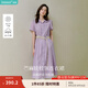茵曼（INMAN）【苧麻】章若楠同款法式娃娃領(lǐng)連衣裙女裝2025夏季新品泡泡袖裙子 冰蘭紫 XL