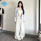 慕瑤雨三件套裝女秋新款純欲風(fēng)藍色毛衣針織開(kāi)衫內搭背心高腰顯瘦闊腿褲 闊腿褲 單件 S 85-95斤