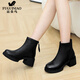 富貴鳥(niǎo)高跟真皮短靴女秋冬季女靴新款馬丁靴軟底瘦瘦靴百搭羊皮時(shí)裝靴 黑色單里FN0224/0383 37
