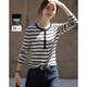 德瑪納【呼吸感萊賽爾】秋季復古休閑韓風(fēng)圓領(lǐng)條紋紐扣修身微彈女式t恤