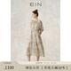 EIN國(guó)畫百花集 EIN言藝術(shù)感美拉藍(lán)線描印花抽褶法式連衣裙春新款 淺杏 M