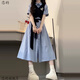 戀的連衣裙夏季2025新款法式長(cháng)裙學(xué)生少女小個(gè)子高中初中女生夏天裙子 假兩件藍色 均碼 (可備注碼數)