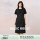 Basic House/百家好撞色休閑夏季假兩件設計感氣質(zhì)感短袖連衣長(cháng)裙 黑酸 M