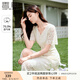 香影（xiangying）v領(lǐng)蕾絲連衣裙女2025夏季新款重工米白色高級感法式鏤空裙子 米色 M