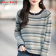 LOVER RUCCI100%純棉春季條紋拼色女裝寬松圓領(lǐng)韓版簡(jiǎn)約針織長(cháng)袖百搭內搭上衣 清新藍 M