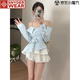 SNYDER WEAR一字領(lǐng)露肩藍色襯衫女2025夏季不規則收腰系帶上衣潮百褶裙套裝女 淺藍上衣 S 建議80--95斤