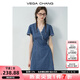 VEGA CHANG牛仔連衣裙女2025新款夏季小個子V領蕾絲花邊顯瘦度假風收腰短裙 海灣藍(短款) L