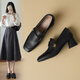 ZHR樂(lè )福鞋女英倫風(fēng)粗高跟套腳女鞋舒適方頭復古中口單鞋 K351黑色37